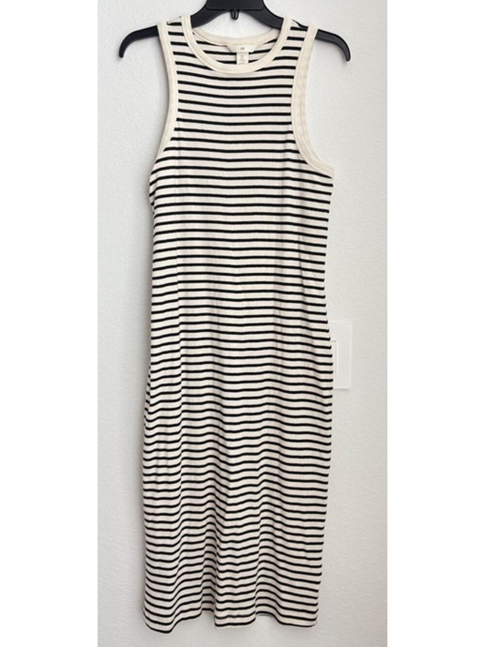 NWOT Womens H&M Ribbed Cotton Cream & Black Striped Maxi Dress Size Small